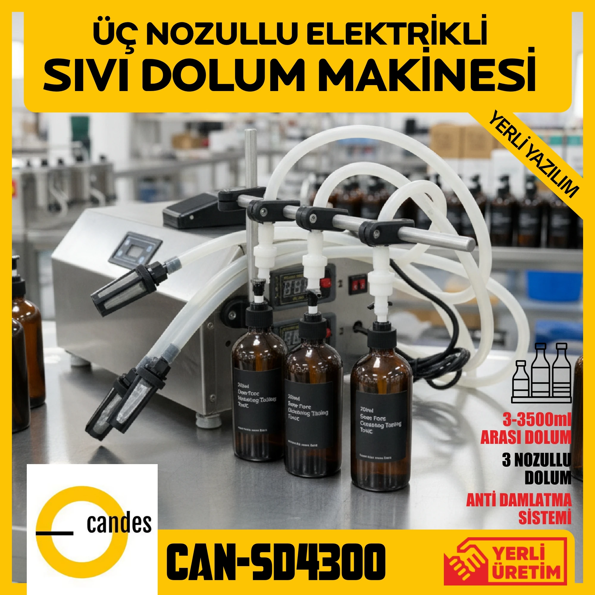 Candes 3 Nozullu Yarı Otomatik Elektronik Sıvı Dolum Makinesi (3–3500 ml)